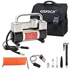 GSPSCN Silver Tire Inflator Heavy Duty Double Cylinders with Portable Bag, Metal 12V Air Compressor Pump 150PSI with Adapter for Car, Truck, SUV Tires, Dinghy, Air Bed etc