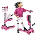 3 Wheeled Scooter for Kids - 2-in-1 Sit/Stand Child Toddlers Toy Kick Scooters w/Flip-Out Seat, Adjustable Height, Wide Deck, Flashing Wheel Lights, for Boys/Girls 1 Year Old+ - Hurtle HURFS66 (Pink)