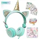 Girls Green Unicorn Wired Headphones,Cute Cat Ear Kids Game Headset for Boys Teens Tablet Laptop PC,Over Ear Children Headset withMic,for School Birthday Xmas Gifts