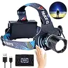 LED Rechargeable Headlamp, Headlight 90000 Lumens Super Bright with 6 Modes & IPX5 Warning Light, Motion Sensor Adjustable Headband Head Lamp, 60° Adjustable for Adult Outdoor Camping Running Cycling