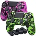 YoRHa Transfert d'eau Impression de Camouflage Housse en Silicone Coque Custom pour PS4/Slim/Pro Mantte x 2 (Vert+Rose foncé) avec FPS Pro Thumb Grip poignée Pouce Pro x 8