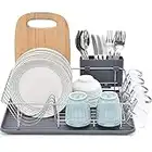 TOOLF Dish Rack, Large Capacity Dish Drainer, Dish Drying Rack with Cutlery Holder, Removable Drip Tray, Cup Holder, Compact Kitchen Drainers for Countertop, Grey