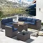 Gotland 8 Piece Outdoor Patio Furniture Set with Gas Fire Pit Table Sectional Sofa w/43in Propane Fire Pit, 55,000 BTU Auto-Ignition Firepit w/Glass Wind Guard