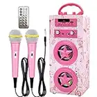 IndeCool Kids Bluetooth Karaoke Speaker with 2 Microphones, Wireless Rechargeable Portable Karaoke Machine Speaker Music MP3 Player for Kids Adult Party Gift (Pink)