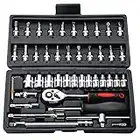 Socket Set 46 Piece Socket Set Metric Tool Kit 1/4'' Wrench Handle, Tool Kits for Home Car Repair Kit with Extension Bars, Quick Release Reversible Ratchet Socket Wrench Set for Car Motorcycle