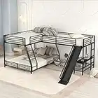 Metal Triple Bunk Beds with Slide Twin Over Full L-Shape Low Bunk Bed Attached a Loft Bed with Desk 3 Beds Corner Bunk Bed for Three Kids Boys Girls Teens, Black
