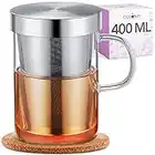 Taza de Te con Filtro y Tapa - Con Posavasos de Corcho - Vaso de Cristal de Borosilicato - Taza Grande de 400 ml