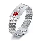 Medical Alert ID Bracelet - Free Custom Mesh Band Adjustable SOS Emergency Personalized Name Identification Wristbands for Unisex