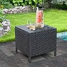 Outdoor PE Wicker Side Table with Storage Patio Resin Rattan End Table Square Container for Furniture Covers, Toys and Gardening Tools Black