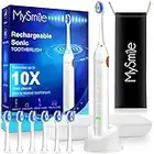 MySmile Electric Toothbrush for Adults, Rechargeable Sonic Electronic Toothbrush with 6 Brush Heads and Travel Case, 5 Modes 2 Mins Smart Timer, 48000VPM 10X Powerful than Manual Toothbrush (White)