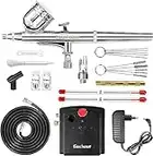 Gocheer Compresseur Aerographe Complet Kit Inclus Double Action Pistolet Aerographe,Mini Compresseur,Filtre,Porte,Tuyau,Mini Clé,Compte-gouttes,Kit Nettoyage Aerographe et 0,2/0,3/0,5 Buse et Aiguille