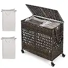 CASART Mobile Handwoven Laundry Basket, Foldable 110L Laundry Hamper with Lid, 2 Removable Liner Bags, Side Handle & PU Strap, Synthetic Rattan 2 Sections Cloth Basket Bin (Brown)