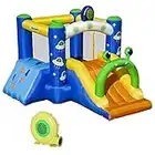 Outsunny 4 in 1 Kids Bouncy Castle Large Alien Style Inflatable House Slide Trampoline Climbing Wall Basket with Air blower Carrybag Patches for Kids Age 3-8, 3.2 x 2.4 x 2m