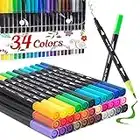 Coloring Markers Pen, Dual Brush Tip Marker for Adult Coloring, 34 Color Calligraphy Fine Tip Pen for Beginner Journal Planner, Drawing, Doodle