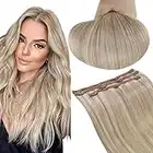 RUNATURE Real Human Hair Clip in Extensions Ash Blonde Mix Bleach Blonde Human Hair Clip in Extensions Double Weft Clip on Remy Hair Extensions 12 Inch 50 Gram 3Pieces