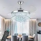 42 Inch Crystal Ceiling Fans with Lights, Modern Dimmable Fandelier LED Remote Control Retractable Invisible Blades Indoor Reversible Ceiling Light Kits with Fans for Decorate Living Room Bedroom