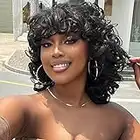BRIKABIA Short Curly Wigs for Black Women,14" Soft Natural Black Synthetic Wigs for Black Women Cute Fashion Curly Wig with Bangs,Afro Kinky Curls Heat Resistant for African American Women Daily Use Party