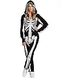 Haneex Halloween Kostüm Damen Skelett Halloween Kostüme Herren Skelett Overall Frauen Jumpsuit mit Skeletthandschuhe Fasching Karneval Kostüme Verkleidung Fastnacht Cosplay (XL), Schwarz