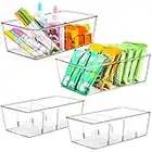 MeCids Food Storage Organizer Bins, 4 Pack Clear Plastic Storage Bins for Pantry Kitchen Fridge Cabinet Organization with 3 Removable Dividers