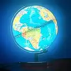 Illuminated World Globe(Dia 8-Inch) for Kids with Stand 6in1 Rewritable Colorful Easy-Read High Clear Map, Illuminates Educational Interactive Globe STEM Toy, Light Up Globe Lamp, Night Light LED Decor