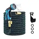 Expandable Garden Hose, Water Hose 25ft with 10 Function Nozzle, Flexible Hose with 3/4" Solid Brass Fittings, Extra Strength Fabric, Easy Storage Kink Free, Black & Blue