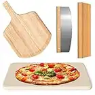 4 PCS Rectangle Pizza Stone Set, 15" Large Pizza Stone for Oven and Grill with Pizza Peel(OAK), Pizza Cutter & 10pcs Cooking Paper for Free, Baking Stone for Pizza, Bread