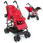 Kinderwagon HOP Lightweight Double Stroller - Umbrella Stroller, Twin Stroller Compatible with One Infant Car Seat, Smooth Infant and Toddler Double Stroller, Includes Rain Cover & Cup Holder (Red)