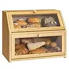 Bread Storage Farmhouse Bread Box For Kitchen Countertop Bread Container With Clear Window Breadbox Double Layer Bamboo Wooden Extra Large Capacity Bin Kitchen Food Storage Container(Trapezoid)Self-Assembly