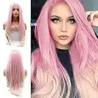 Peluca de cabello rosa, rubio, encaje frontal, para mujer, suave, larga, ondulada, natural, sin pegamento, realista, degradado, rosa, rubio claro, fibra sintética resistente al calor, 24 pulgadas