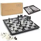 Gibot 3 en 1 Tablero de Ajedrez,31.5CM x 31.5CM Tablero de Ajedrez, Magnético con Ajedrez para niños y Adulto,Damas,Backgammon,Tablero de Juego Plegable y Portátil para Viajar,Blanco y Negro