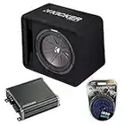 KICKER 43VCWR122 12" CompR Series Sub 500W RMS 2 Ohm Vented Loaded Subwoofer Enclosure, 46CXA8001 Class D Amp Mono 1600W Peak Sub Amp and HA-AK4 Complete 4 Gauge 1800W Amp Install Kit - Refurbished