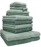 Betz Lot de 12 Serviettes Premium 2 draps de Bain 4 Serviettes de Toilette 2 Serviettes d'invité 2 lavettes 2 Gants de Toilette 100% Coton Couleur Vert Foin et Vert Sapin