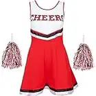 Costume da Cheerleader per ragazze, travestimento da festa di Halloween con pompon (rosso, 10-12 anni)