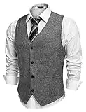 COOFANDY Men's Slim Fit Tweed Suit Vest Formal Business Herringbone Waistcoat Grey Small