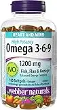 Webber Naturals Omega 3-6-9 1,200 mg Fish Oil, 180 Clear Enteric No Fishy Aftertaste Softgels, Supports Cardiovascular Health and Brain Function