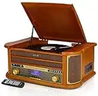 Denver 9-in-1 Retro Vintage Wooden Record Player With Speakers & Bluetooth – 3 Speed Vinyl & Cassette With CD Player, DAB+ Radio, FM, AUX IN, MP3 USB Recording, AUX IN And Line Out - MRD-51BT