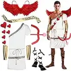 13 Pcs Men's Valentine's Cupid Costume Kit with Cupid Accessory Feather Angel Wing Jumpsuit Shoulder Belt Waist Belt Wrist Cuffs Cupid Bow Strappy Sandal Heart Patch for Valentine Cosplay Photograph
