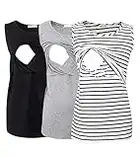 Smallshow Women's Sleeveless Maternity Nursing Clothes Breastfeeding Tank Tops 3-Pack Black-Light Grey-White Stripe M