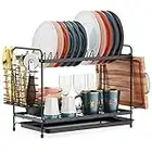 iSPECLE 2 Tier Dish Drainer, Dish Drying Rack with Drip Tray, Sink Draining Board with Utensil Cutting & Board Holder for Kitchen Counter(Black Round)