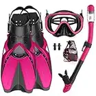 WANFEI Mask Fins Snorkel Set for Adults Men Women Dry Top Snorkel Diving Flippers Snorkeling Gear Panoramic View Diving Mask with Gear Bag for Snorkeling Swimming Scuba Diving Training