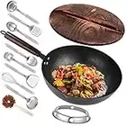 Leidawn 12.8" Carbon Steel Wok - 11Pcs Woks & Stir Fry Pans Wok Pan with Lid, No Chemical Coated Chinese Wok with 10 Cookware Accessories, Flat Bottom Wok for Electric, Induction and Gas Stoves