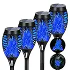 AOUNQ Solar Lights Outdoor Waterproof Blue, Upgraded 4 Pack Solar Torch Lights with Flickering Flame, Mini Solar Outdoor Garden Lights Tiki Torches for Outside Patio Yard Pathway Christmas Decor