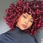 XUIEUI Short Curly Wigs for Black Women Loose Afro Curly Wig with Bangs 14 Inch Big Bouncy Fluffy Curly Wavy Synthetic Hair Replacement Wig for African American Women (Wine Red)