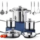 HOMI CHEF - Set di pentole in acciaio INOX senza nichel lucido, 14 pezzi, senza rivestimento antiaderente atossico, 1 padelle, 1 padella per soffriggere, 1 pentola per salsa +2 padelle e 5 accessori)