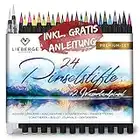 LIEBERGE Pinselstifte Premium-Set - 24 Aquarellfarben + 2 Wassertankpinsel - Brush Pen mit Flexibler Pinselspitze für Aquarell, Hand Lettering, Bullet Journal, Kalligraphie