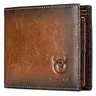 BULLCAPTAIN RFID Wallets for Men Slim Bifold Genuine Leather Front Pocket Wallet with 2 ID Windows QB-05, Brown, S, Retro