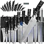 XYJ Authentic Since1986,Professional Knife Sets for Master Chefs,Chef Knife Set with Bag,Case, Scissors,Culinary Kitchen Butcher Knives,Cooking Cutting,Damascus Laser Pattern,Stainless Steel (Black)