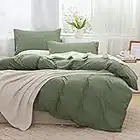 JELLYMONI Green 100% Washed Cotton Duvet Cover Set, 3 Pieces Luxury Soft Bedding Set with Zipper Closure. Solid Color Pattern Duvet Cover King Size(No Comforter)