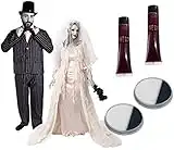 Déguisement de jeune marié avec un costume à rayures + un chapeau haut de forme + un nœud papillon ainsi qu'une robe blanche + un voile pour adulte. Ideal pour être le couple parfait d'Halloween.