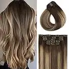 Aison Clip in Hair Extensions 100% Remy Human Hair 4T27P4 Chocolate Brown To Dark Blonde 7A 70G/7Pcs Soft Silky Straight 16clips for Women(18 Inch #4T27P4)